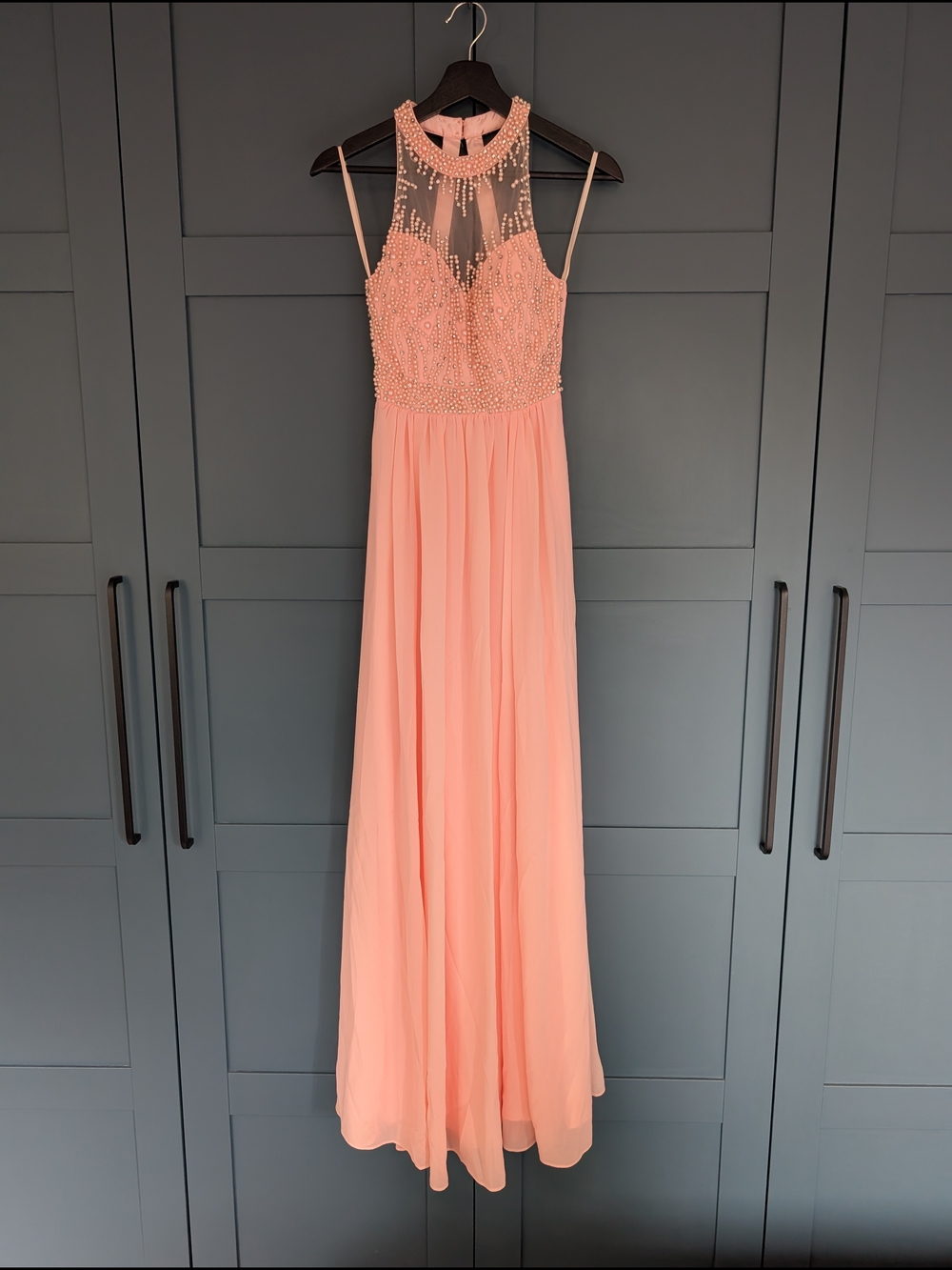 NWT Le Château Blush Pink Pearl Beaded Halter Formal Gown | XXS - Picture 2 of 11
